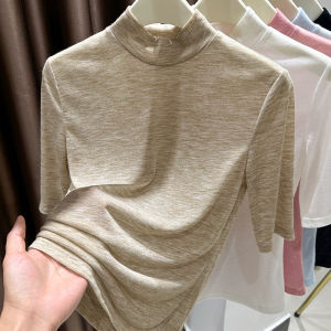 เสื้อยืดผู้หญิงแขนสั้นผ้าไหมน้ำแข็งถักทรงสลิมฟิตสำหรับฤดูใบไม้ร่วง คอลเลกชั่นฤดูร้อน 2024 สำหรับผู้หญิงวัย 30-34 ปี