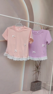 Coquette Ribbon Design Lace Ruffle Hem Blouse Trendy Cute Girly Rib Cotton Blouse for 2-8Y Kids Girls