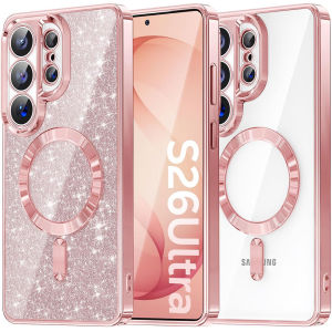 [Compatible with MagSafe] [Removable Bling Glitter Card]Built-in Lens Protection Plating Clear Soft TPU Phone Case for Samsung Galaxy S26 UltraS26+S25 UltraS25 EdgeS24 UltraS24 PlusS23 UltraS23 FES22 UltraS21 Ultra