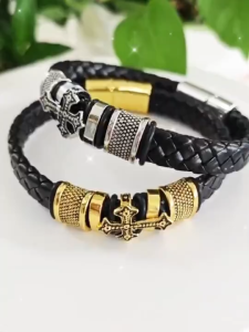 Mens Leather Bracelet Vintage Fashion Stainless Steel Cross Fengshui Lucky Charm Gift Jewelry