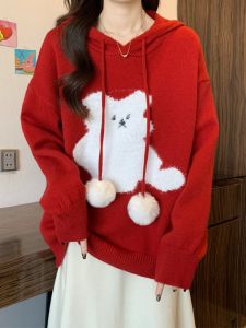 SHIMANQING | Christmas Red Hooded Cozy Plus Size Knit Sweater