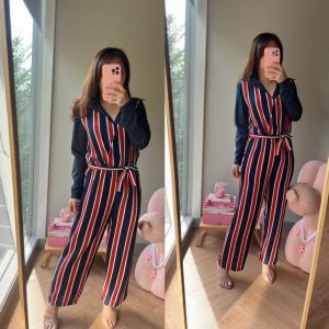 ●ECLAIRE● 043 Jumpsuit 2in1 (Jumpsuit dan Blouse Kem) Motif Stripe Salur Garis-garis Kasual Casual Korea Import 9918