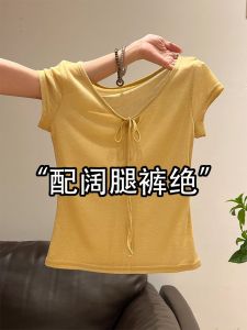 Slim Fit V-Neck Short Sleeve T-Shirt Women Summer Thin Transparent Design Sense Belt Women Love at First Wear Korean Style