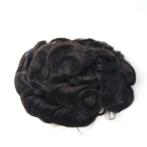 Toupee for Men Fine Mono Wavy Men Toupee Human Hair Replacement System Hair Prosthesis Natural Black Hair Units #1B