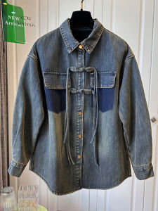 New Chinese Style Button up Denim Jacket Womens Spring Autumn 2024 Unique Design Special Edition Top Polo Collar Long Sleeve
