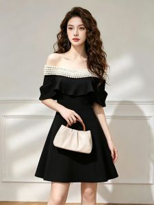 Elegant Hepburn Style Off-shoulder Black Dress
