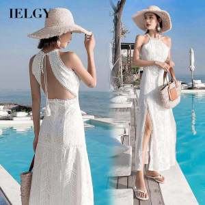 IELGY Womens dress Seaside Beach Vacation Fashion Breathable Tie Slim Split ends White