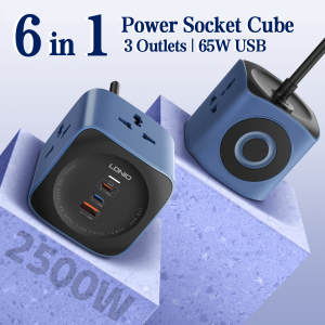 LDNIO Power Strip Cube 3 Universal Outlet with 65W 3 USB Ports 2500W Surge Protection 2M UK/EU/US Plug Extension Cord Switch