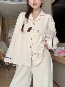 Large Size Cute Cartoon Sleepwear for Women Autumn Winter New Styles for Students Simple Long Sleeved Long Pants Pajamas Thin Home Clothing Set