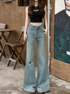 High Waist Wide Leg Diamond Shiny Skinny Jeans Womens Loose Thin Autumn New Style Casual Jeans Long Pants Summer Collection