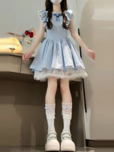 Y6Y | French Lace Blue Plaid Mini Dress Women Summer New Style Princess Fluffy Skirt Short Sleeve Sweet Style Polyester Cotton Blend
