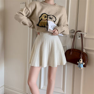 Sweet Knitted High Waist A-Line Mini Skirt Womens Polyester Fiber City Commute Casual Style Folded White Skirts
