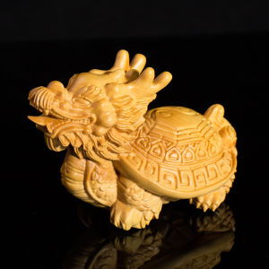 Handcrafted Carved Miniature Yellow Elm Wood Sculpture Chinese Style Solid Wood Plaything Dragon Turtle Home Decor Ornament