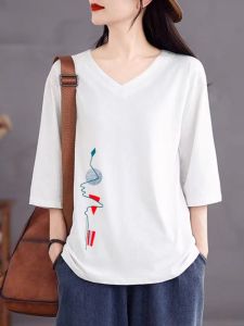 Outlets Authentic Pure Cotton Plus Size Print Casual Tops & Slimming V-neck 3/4 Sleeves T-Shirt