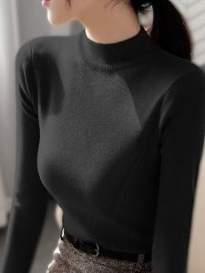 สีดำ กึ่งสูง ปกเสื้อ สลิมฟิต แขนยาว เสื้อผ้าถัก ผู้หญิง เสื้อตัวใน เสื้อท่อนบน ทันสมัย และ เรียบหรู ฤดูใบไม้ร่วง เสื้อชั้นฐาน