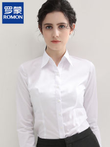 White Long Sleeve V-Neck Womens Shirt Formal Blue Workwear Iron-Free Spring Autumn Romon Ladies Premium Slim Fit Button up