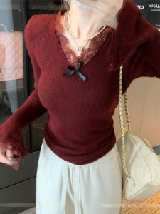 GUZILIAN | Elegant Lace Splice Long Sleeve Knitted Base Shirt Womens Autumn Winter Slim Fit Sweater Inner Personality Top Ladylike Commute Style