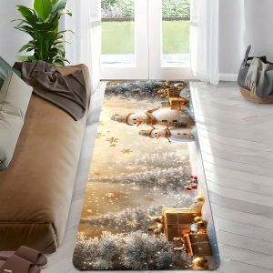 VIKAMA Golden Christmas Snowman Running Rug Home Decor Soft And Washable Water-Absorbing Mat For Corridor Bedroom Kitchens