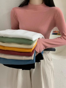 Winter Womens Slim Fit Long Sleeve Knitted Base Shirt Half High Collar 2025 Cuffed Pink Sweater Casual Style Inner Wear