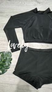 Bikini đồ bơi nữ đi biển 2 mảnh áo croptop dài tay kèm mút mỏng quần đùi cạp cao chất liệu thun lạnh BINSPORTS BHV211