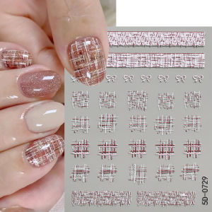 1Pcs 5D Embossed Pink White Plaid Bow Nail Stickers Tweed Style Self-Adhesive Nails Decals Sweet Grid Lines Manicure Decorations