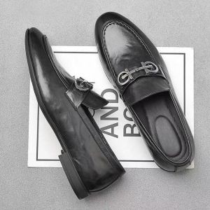 Business Casual Leather Shoes Mens Slip-On Horse Buckle Comfortable Cowhide Loafers Trendy British Style Bean Shoes