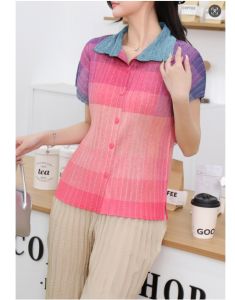 Versatile Womens Pleated Shirt Gradient Pink Purple Casual Wear # 20254018