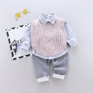 Cute Boys Three-Piece Suit Spring Autumn Cotton Sweater Vest Baby Fashionable Shirt Set Kids Clothing Korean Style Baby Outfit