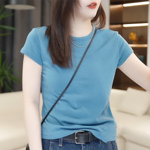 Shalldoer | Korean Style Blue Round Neck Short Sleeve T-Shirt Womens Summer Casual Versatile Slimming Top Comfortable Loose Fit Pure Color