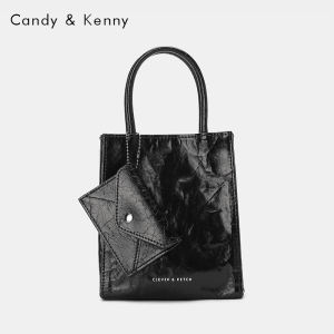 Candy&Kenny Casual Folded Handbag Womens 2024 New Luxury Commuter Tote Bag Paper Bag Soft PU Leather Vertical Square Bag