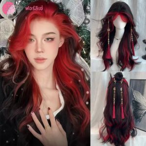 FORLISEE วิกผมสังเคราะห์หญิง Punk สไตล์สีดําและสีแดง Bangs ย้อมตัดปานกลาง Highlight ย้อมผมยาวหยิกส่วนบุคคล Headban