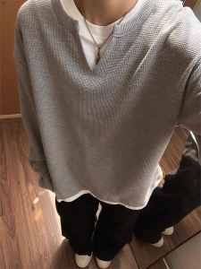 Waffle Fake Two-Piece V-neck Sweatshirt Male Spring & Fall American Retro Heavy Weight Cleanfit Long Sleeves Casual All-Match T-shirt