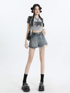 Irregular Hole Ripped Denim Shorts Women Summer 2025 New High Waist Slimming Hot Girl A-Line Wide Leg Pants Natural Waist