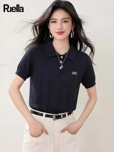 puella | Áo Thun Cổ Polo Dệt Kim Thêu Phong Cách Học Sinh Hàn Quốc