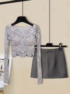 Elegant Lace V-neck Short Top And Bodycon Mini Skirt Two-piece Set for Young Women Spring Fashion Outfit Polyester Blend
