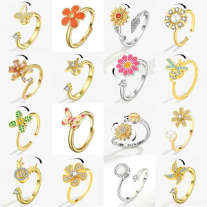 แหวนสปินเนอร์สำหรับผู้หญิง smjel Fidget SPINNER ประดับคริสตัลรูปดอกไม้ผึ้งผีเสื้อแหวนหมุนได้เครื่องประดับงานแต่งงานปรับได้