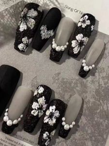 Retro Elegant Handmade Wearable Nail Art Long Grey Black Ballet Style Black Swan Matte Finish Nail Tips with Floral Design