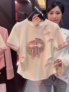 New Chinese Style National Style Machine Embroidery Easiest for Match Short Sleeve T-Shirt Womens Spring and Summer Small Buckle Cinched Slimming Pullover