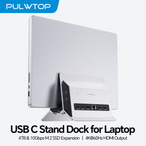 PULWTOP Vertical USB C Docking Station with M.2 SSD Case HDMI USB A/C RJ45 SD/TF PD for MacBook Pro/AirType C Laptop-Silve