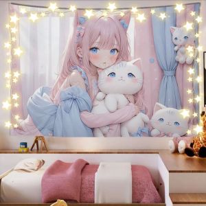 VIKAMA Blue Hair Cat Ear Girl Tapestry anime Luoli Cat Doll Window Anime Background Cloth Warm Tapestry Room Decoration