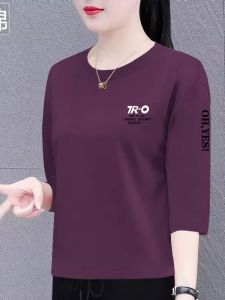 Pure Cotton Ladies T-Shirt Korean Style Loose Slimming Seven-Quarter Sleeve round Neck Casual Top Trendy Summer New Arrival