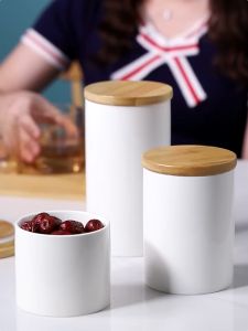 White Ceramic Sealed Container with Wood Lid Round Storage Jar Food Grain Storage Coffee Tea Storage