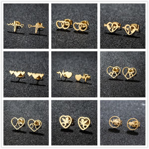 Heart Wave Stud Earrings gold color Stainless Steel Heartbeat Stethoscope Earings Women Doctor Accessories Jewelry Gift