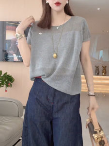 Slimming Solid Color Summer Knitwear round Neck Short Sleeve Casual Loose Womens Top New Style Small Size Commute Fashion