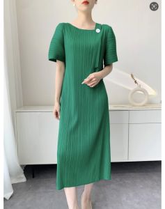 Miyake Pleated Dress Women Age Defying Loose Fit Plus Size Midi Dress #L-1006F