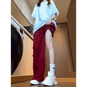 กางเกงทำงานสีแดงสไตล์อเมริกันสำหรับผู้หญิง กางเกงขายาวทรงหลวมสบายๆ สำหรับกลางแจ้ง กางเกงคาร์ดิแกนแบบลำลองสำหรับฤดูใบไม้ผลิและฤดูใบไม้ร่วง