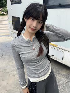 Gray Henry Collar Long Sleeve T-Shirt Womens Slim Fit Base Shirt Inner Wear Autumn Fashion Slimming Top Trendy Base Layer