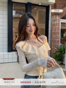 Shoulder Bared Knitted Top Womens Slim Fit Korean Style Lotus Leaf Edge Knitwear Autumn New Style Waist Inward Knitwear