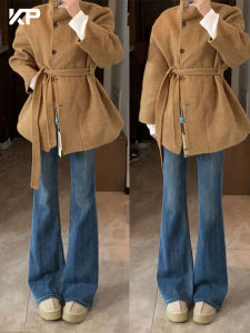 High Waist Flared Jeans Womens Autumn Winter Fleece Elastic Slimming Loose Straight Leg Small Size Floor Length Bell Pants