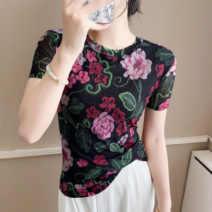 YIMEI Summer round neck short sleeved T-shirt womens plus size slim fit floral mesh top thin breathable mom shirt 2025 new style